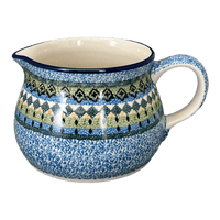 A picture of a Polish Pottery CA 30 oz. Pitcher (Aztec Blues) | A008-U4428 as shown at PolishPotteryOutlet.com/products/wide-mouth-pitcher-aztec-blues-a008-u4428