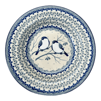 A picture of a Polish Pottery C.A. Soup Plate (Bullfinch on Blue) | A014-U4830 as shown at PolishPotteryOutlet.com/products/9-25-soup-pasta-plate-bullfinch-on-blue-a014-u4830