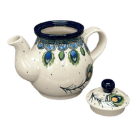 A picture of a Polish Pottery C.A. 10 oz. Individual Teapot (Peacock Plume) | A020-2218X as shown at PolishPotteryOutlet.com/products/10-oz-individual-teapot-peacock-plume-a020-2218x