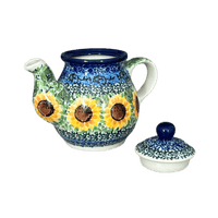 A picture of a Polish Pottery C.A. 10 oz. Individual Teapot (Sunflowers) | A020-U4739 as shown at PolishPotteryOutlet.com/products/c-a-10-oz-individual-teapot-sunflowers-a020-u4739