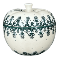 A picture of a Polish Pottery C.A. Large Apple Baker (Green Lace) | A034-1149Q as shown at PolishPotteryOutlet.com/products/4-25-large-apple-baker-green-lace-a034-1149q