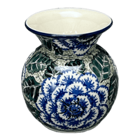 A picture of a Polish Pottery CA 4" Tall Vase (Blue Dahlia) | A048-U1473 as shown at PolishPotteryOutlet.com/products/4-tall-vase-blue-dahlia-a048-u1473