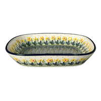 A picture of a Polish Pottery CA 9" x 10.5" Baker (Daffodils in Bloom) | A158-2122X as shown at PolishPotteryOutlet.com/products/9-x-10-5-baker-daffodils-in-bloom-a158-2122x