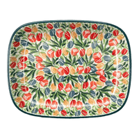A picture of a Polish Pottery CA 5.75" x 7" Shallow Dish (Tulip Burst) | A160-U4226 as shown at PolishPotteryOutlet.com/products/5-75-x-7-shallow-dish-tulip-burst-a160-u4226