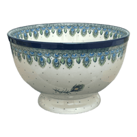 A picture of a Polish Pottery CA Deep 10" Pedestal Bowl (Peacock Plume) | A215-2218X as shown at PolishPotteryOutlet.com/products/deep-10-pedestal-bowl-peacock-plume-a215-2218x