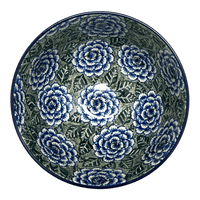 A picture of a Polish Pottery CA Deep 10" Pedestal Bowl (Blue Dahlia) | A215-U1473 as shown at PolishPotteryOutlet.com/products/deep-10-pedestal-bowl-blue-dahlia-a215-u1473