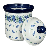A picture of a Polish Pottery CA 1.3 Liter Canister (Hyacinth in the Wind) | A492-2037X as shown at PolishPotteryOutlet.com/products/1-3-liter-canister-hyacinth-in-the-wind-a492-2037x
