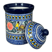 A picture of a Polish Pottery 1.5 Liter Canister (Regal Roosters) | A493-U2617 as shown at PolishPotteryOutlet.com/products/1-5-liter-canister-regal-roosters-a493-u2617