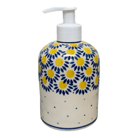 A picture of a Polish Pottery CA 5.5" Soap Dispenser (Sunny Circle) | A573-0215 as shown at PolishPotteryOutlet.com/products/5-5-soap-dispenser-sunny-circle-a573-0215