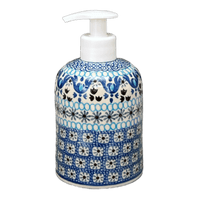 A picture of a Polish Pottery CA 5.5" Soap Dispenser (Blue Ribbon) | A573-1026X as shown at PolishPotteryOutlet.com/products/5-5-soap-dispenser-blue-ribbon-a573-1026x