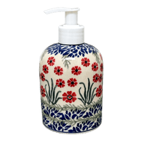 A picture of a Polish Pottery 5.5" Soap Dispenser (Red Aster) | A573-1435X as shown at PolishPotteryOutlet.com/products/5-5-soap-dispenser-red-aster-a573-1435x