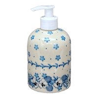 A picture of a Polish Pottery CA 5.5" Soap Dispenser (Pansy Blues) | A573-2346X as shown at PolishPotteryOutlet.com/products/5-5-soap-dispenser-pansy-blues-a573-2346x