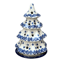 A picture of a Polish Pottery CA 8" Tall Christmas Tree Luminary (Starry Sea) | A602-454C as shown at PolishPotteryOutlet.com/products/8-tall-christmas-tree-luminary-starry-sea-a602-454c