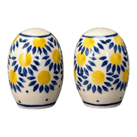 A picture of a Polish Pottery Small Salt & Pepper Set (Sunny Circle) | A735S-0215 as shown at PolishPotteryOutlet.com/products/small-salt-pepper-set-sunny-circle-a735s-0215
