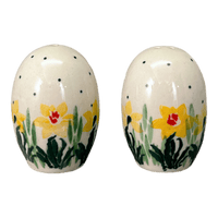 A picture of a Polish Pottery Small Salt & Pepper Set (Daffodils in Bloom) | A735S-2122X as shown at PolishPotteryOutlet.com/products/small-salt-pepper-set-daffodils-in-bloom-a735s-2122x