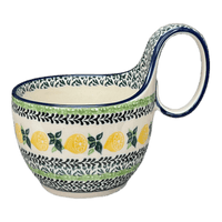 A picture of a Polish Pottery CA 16 oz. Loop Handle Bowl (Lemons and Leaves) | A845-2749X as shown at PolishPotteryOutlet.com/products/16-oz-loop-handle-bowl-lemons-and-leaves-a845-2749x