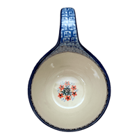A picture of a Polish Pottery 16 oz. Loop Handle Bowl (Butterfly Parade) | A845-U1493 as shown at PolishPotteryOutlet.com/products/16-oz-loop-handle-bowl-butterfly-parade-a845-u1493