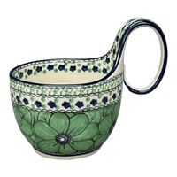 A picture of a Polish Pottery CA 16 oz. Loop Handle Bowl (Green Goddess) | A845-U408A as shown at PolishPotteryOutlet.com/products/16-oz-loop-handle-bowl-green-goddess-a845-u408a