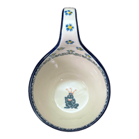A picture of a Polish Pottery Loop Handle Bowl (Frog Prince) | A845-U9969 as shown at PolishPotteryOutlet.com/products/loop-handle-bowl-frog-prince-a845-u9969