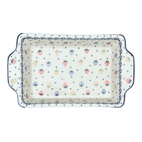 A picture of a Polish Pottery 13" x 8" Rectangular Casserole W/ Handles (Mixed Berries) | AA59-1449X as shown at PolishPotteryOutlet.com/products/13-x-8-rectangular-casserole-w-handles-mixed-berries-aa59-1449x