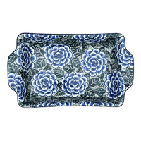 A picture of a Polish Pottery 13" x 8" Rectangular Casserole W/ Handles (Blue Dahlia) | AA59-U1473 as shown at PolishPotteryOutlet.com/products/13-x-8-rectangular-casserole-w-handles-blue-dahlia-aa59-u1473