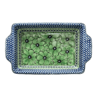 A picture of a Polish Pottery 13" x 8" Rectangular Casserole W/ Handles (Green Goddess) | AA59-U408A as shown at PolishPotteryOutlet.com/products/13-x-8-rectangular-casserole-w-handles-green-goddess-aa59-u408a