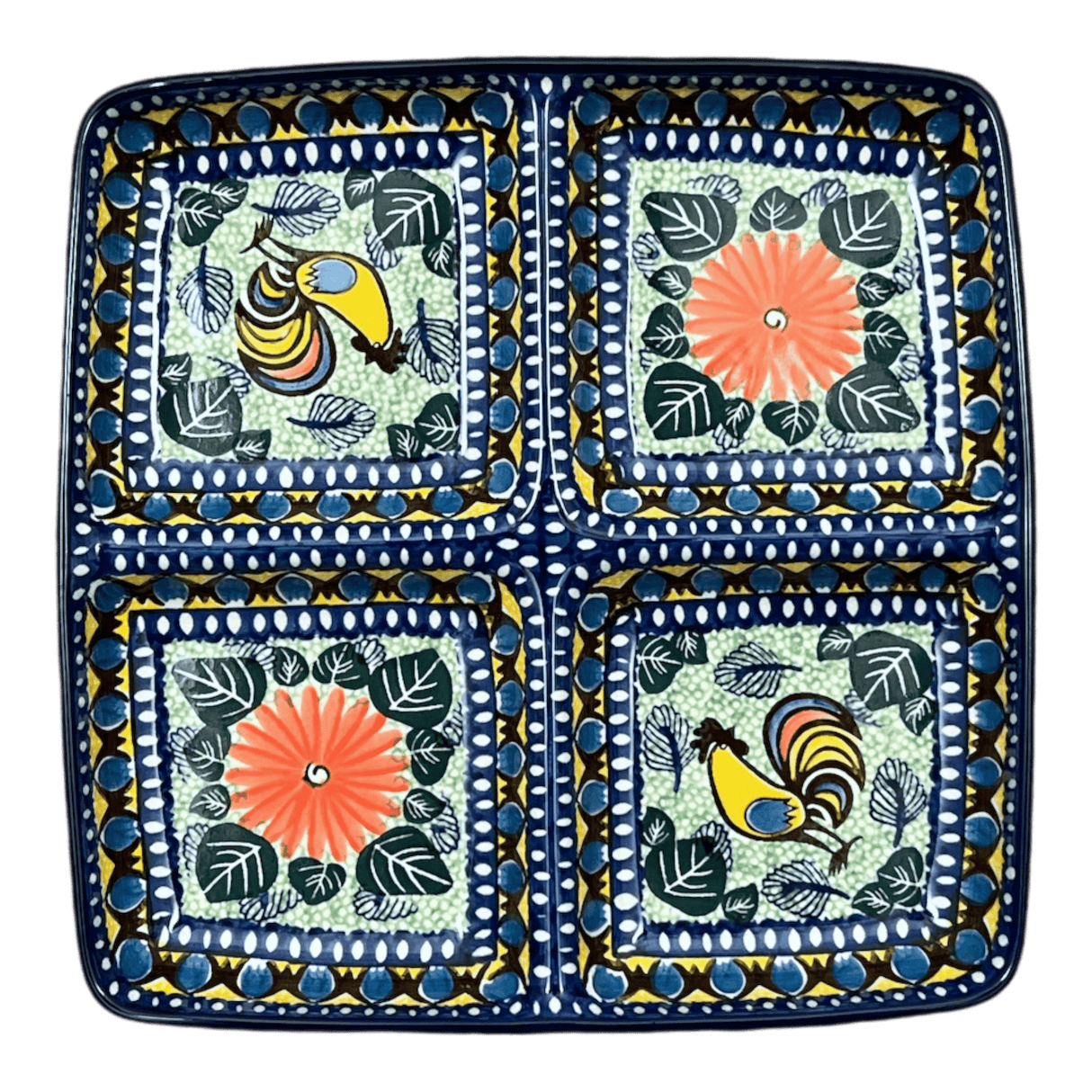 Divided Square Dish, 9.75" in "Regal Roosters" by Ceramika Artystyczna | AB40-U2617