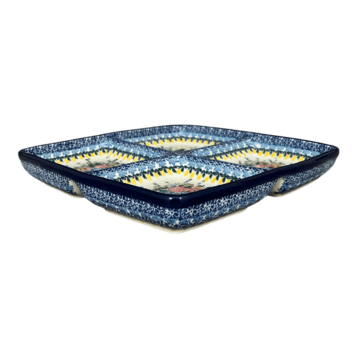 Divided Square Dish, 9.75" in "Hummingbird Bouquet" by Ceramika Artystyczna | AB40-U3357