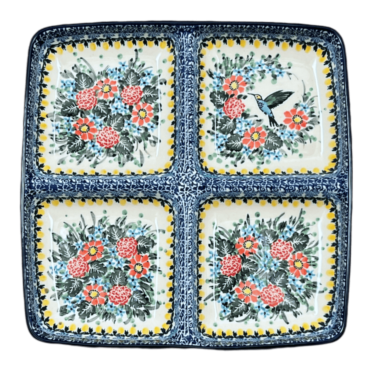 Divided Square Dish, 9.75" in "Hummingbird Bouquet" by Ceramika Artystyczna | AB40-U3357