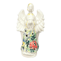 A picture of a Polish Pottery 9" Tall Angel Luminary  (Tropical Love) | AC68-U4705 as shown at PolishPotteryOutlet.com/products/9-tall-angel-luminary-tropical-love-ac68-u4705