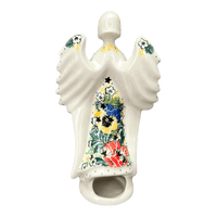 A picture of a Polish Pottery CA 9" Tall Angel Luminary  (Tropical Love) | AC68-U4705 as shown at PolishPotteryOutlet.com/products/9-tall-angel-luminary-tropical-love-ac68-u4705