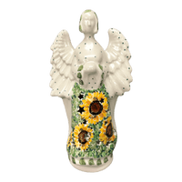 A picture of a Polish Pottery CA 9" Tall Angel Luminary  (Sunflower Field) | AC68-U4737 as shown at PolishPotteryOutlet.com/products/9-tall-angel-luminary-sunflower-field-ac68-u4737