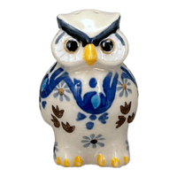 A picture of a Polish Pottery CA 2.25" Individual Owl Shaker (Blue Ribbon) | AD91-1026X as shown at PolishPotteryOutlet.com/products/2-25-individual-owl-shaker-blue-ribbon-ad91-1026x