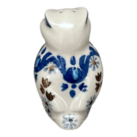 A picture of a Polish Pottery CA 2.25" Individual Owl Shaker (Blue Ribbon) | AD91-1026X as shown at PolishPotteryOutlet.com/products/2-25-individual-owl-shaker-blue-ribbon-ad91-1026x