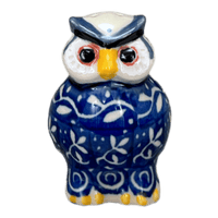 A picture of a Polish Pottery 2.25" Individual Owl Shaker (Wavy Blues) | AD91-905X as shown at PolishPotteryOutlet.com/products/2-25-individual-owl-shaker-wavy-blues-ad91-905x