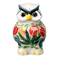A picture of a Polish Pottery Individual Owl Shaker (Tulip Burst) | AD91-U4226 as shown at PolishPotteryOutlet.com/products/individual-owl-shaker-tulip-burst-ad91-u4226