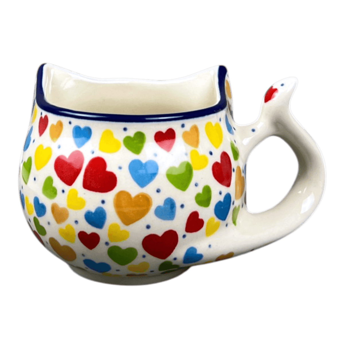 Mug, Cat Shaped, 10 oz in "Rainbow Hearts" by Ceramika Artystyczna | AH14-U4833