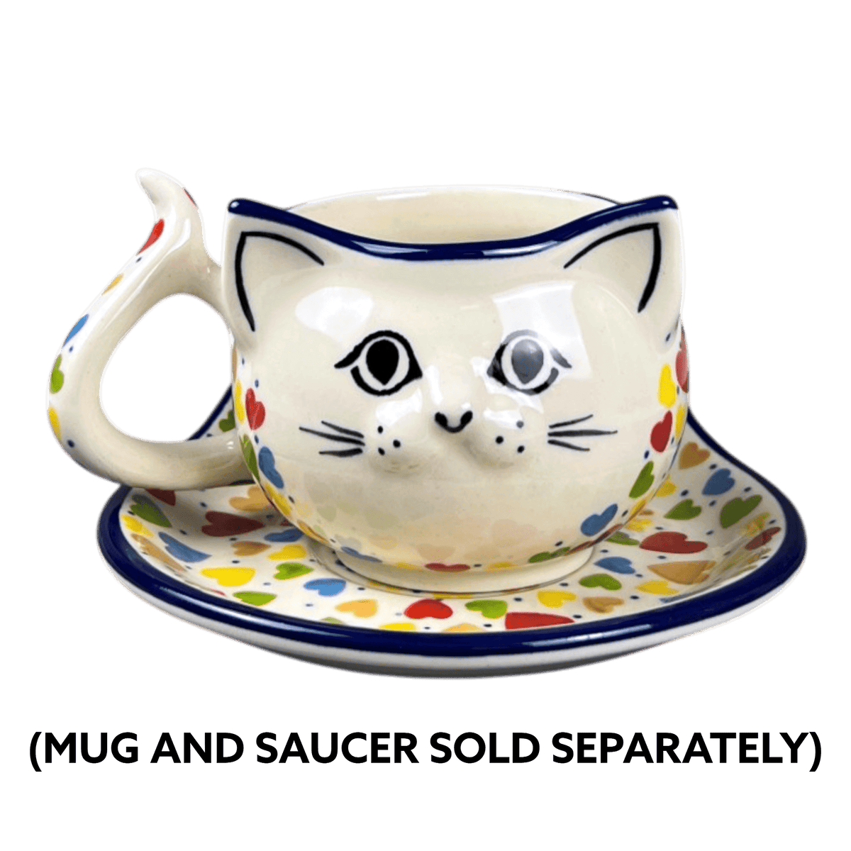 Mug, Cat Shaped, 10 oz in "Rainbow Hearts" by Ceramika Artystyczna | AH14-U4833
