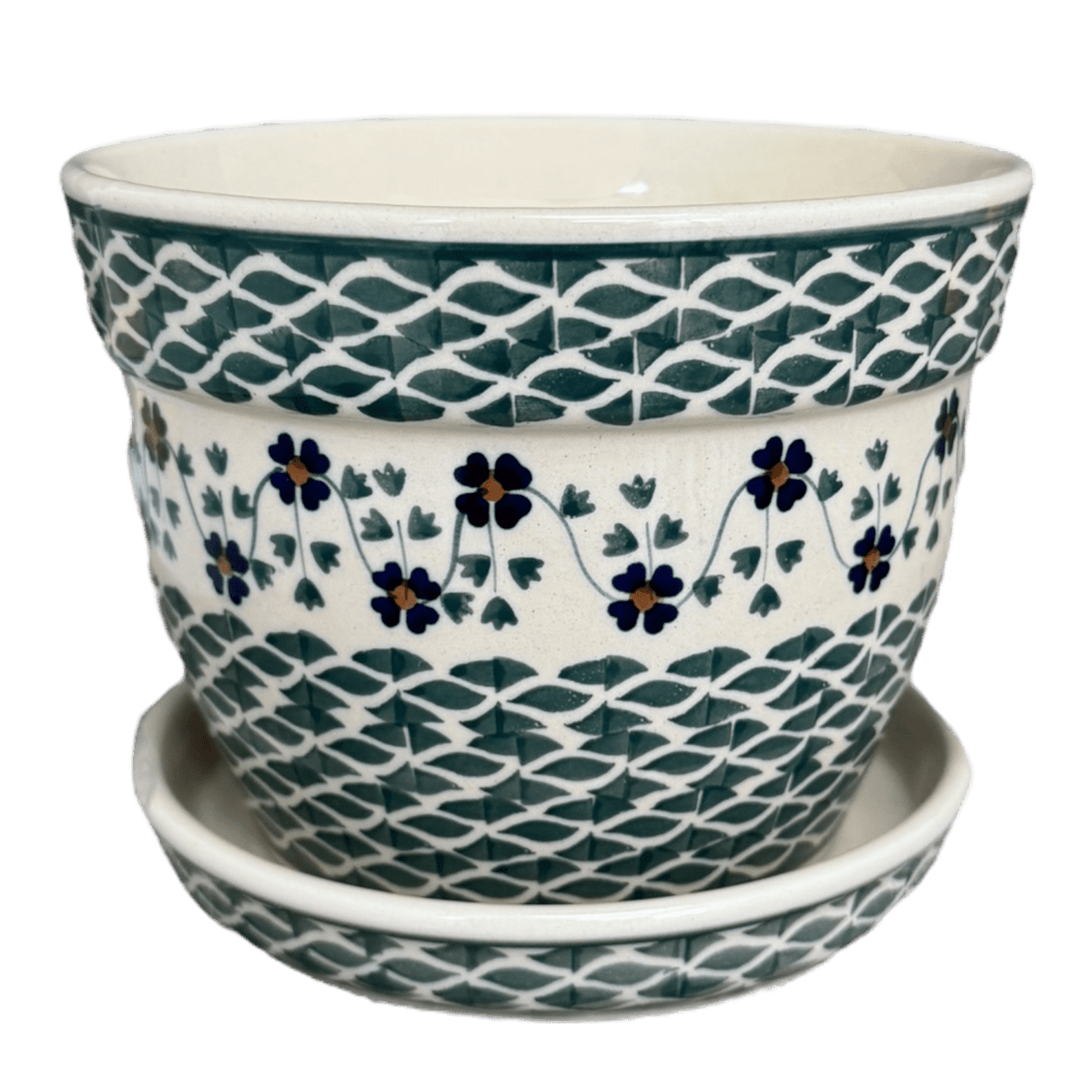 Flower Pot, with Saucer, 6" in "Woven Pansies" by Manufaktura | D036T-RV