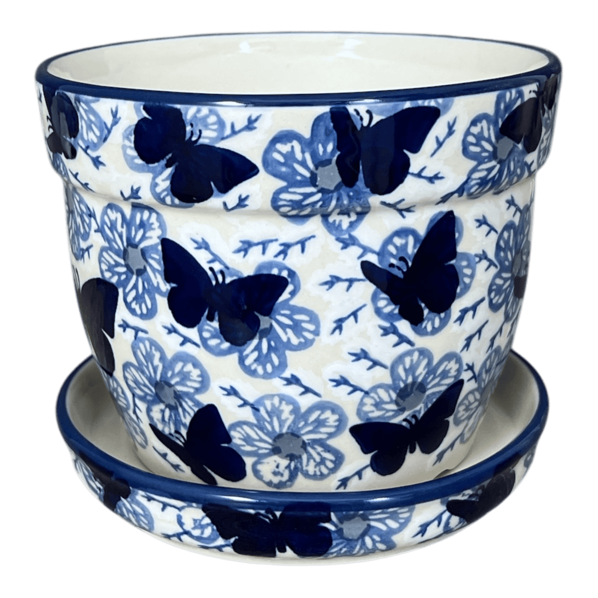 Flower Pot, with Saucer, 6" in "Blue Butterfly" by Manufaktura | D036U-AS58