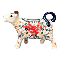 A picture of a Polish Pottery Cow Creamer (Ruby Bouquet) | D081S-DPCS as shown at PolishPotteryOutlet.com/products/cow-creamer-ruby-bouquet-d081s-dpcs