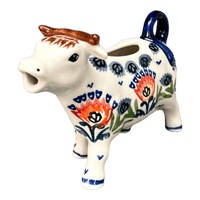 A picture of a Polish Pottery Cow Creamer (Floral Fans) | D081S-P314 as shown at PolishPotteryOutlet.com/products/cow-creamer-floral-fans-d081s-p314