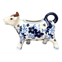 A picture of a Polish Pottery Cow Creamer (Duet in Blue) | D081S-SB01 as shown at PolishPotteryOutlet.com/products/cow-creamer-duet-in-blue-d081s-sb01