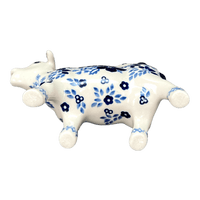 A picture of a Polish Pottery Cow Creamer (Duet in Blue) | D081S-SB01 as shown at PolishPotteryOutlet.com/products/cow-creamer-duet-in-blue-d081s-sb01