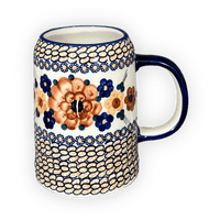 A picture of a Polish Pottery Small Tankard (Bouquet in a Basket) | K054S-JZK as shown at PolishPotteryOutlet.com/products/22-oz-bavarian-tankard-bouquet-in-a-basket-k054s-jzk