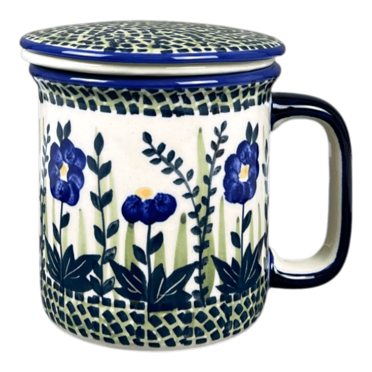 Mug, Tea Infuser Mug, 12 oz in "Bouncing Blue Blossoms" by Manufaktura | K073U-IM03