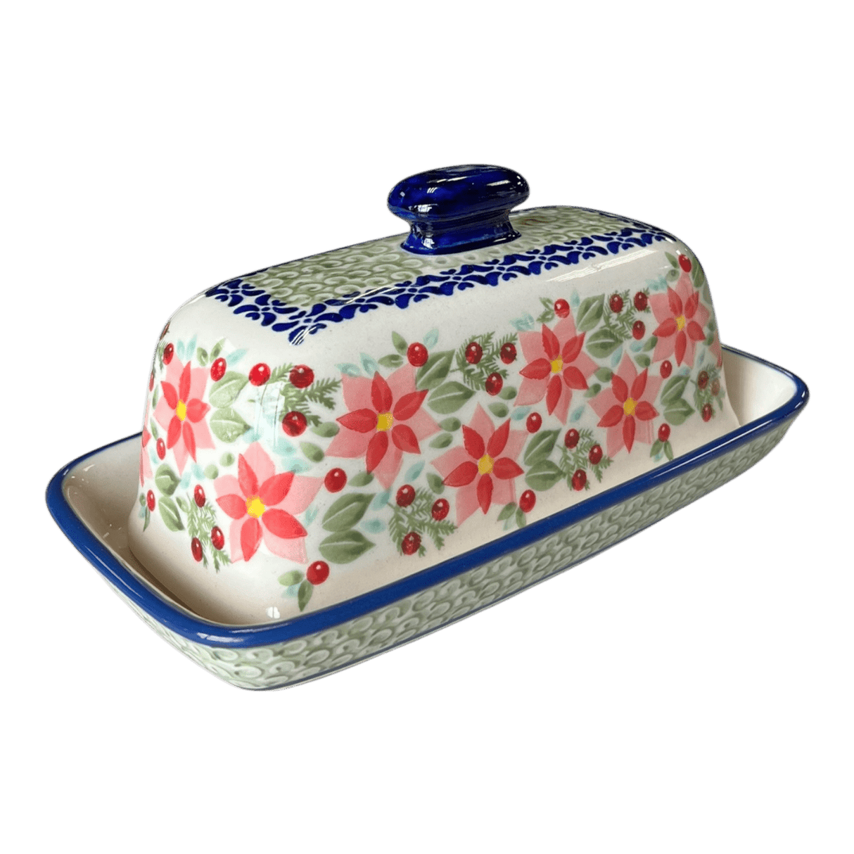 Butter Dish, American, 4" x 7.5" in "Pink Poinsettia" by Manufaktura | M074S-PS14