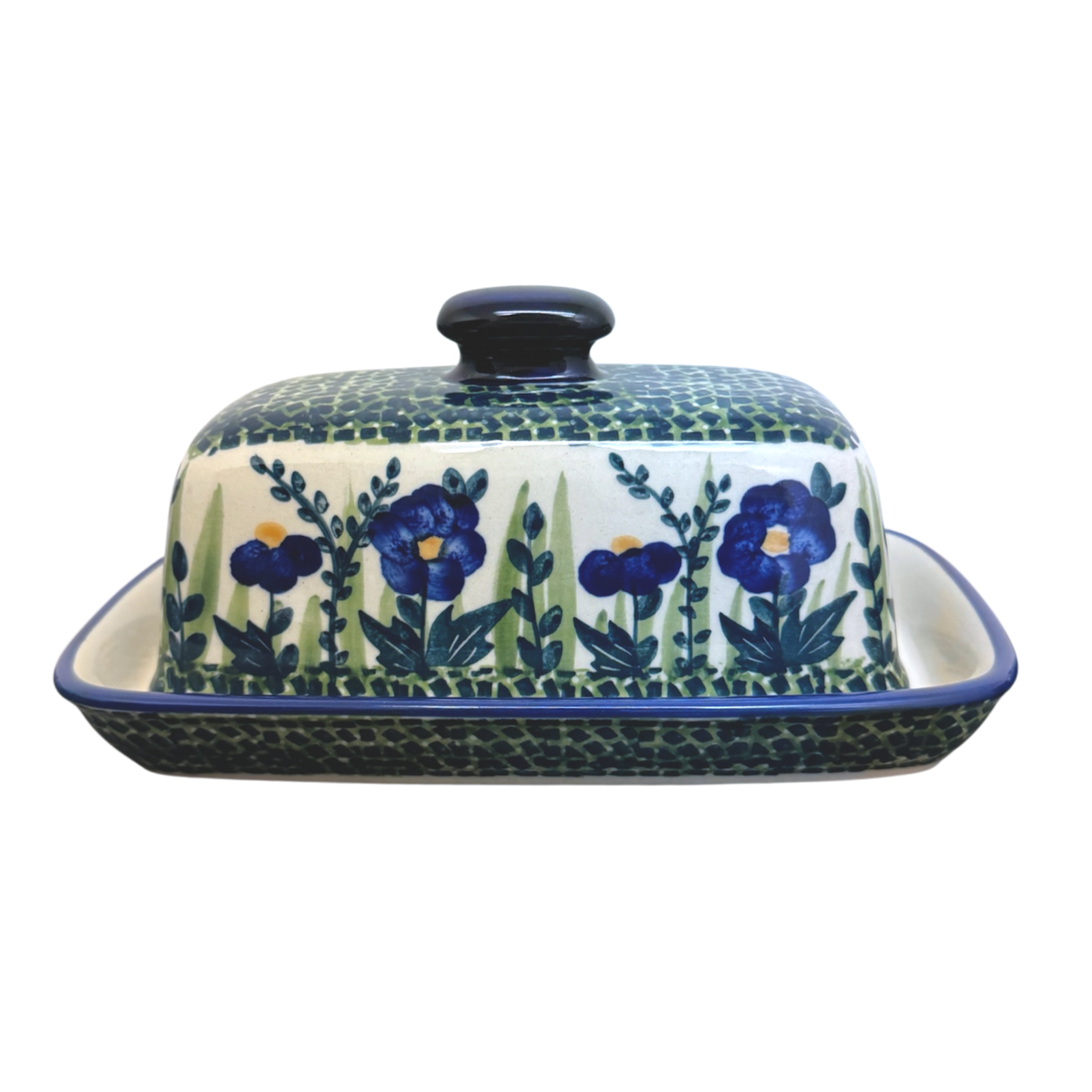 Butter Dish, American, 4" x 7.5" in "Bouncing Blue Blossoms" by Manufaktura | M074U-IM03