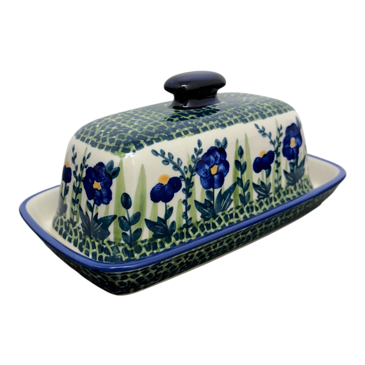 Butter Dish, American, 4" x 7.5" in "Bouncing Blue Blossoms" by Manufaktura | M074U-IM03