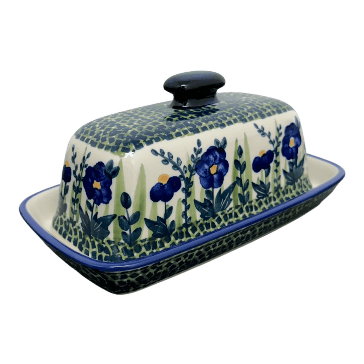 Butter Dish, American, 4" x 7.5" in "Bouncing Blue Blossoms" by Manufaktura | M074U-IM03